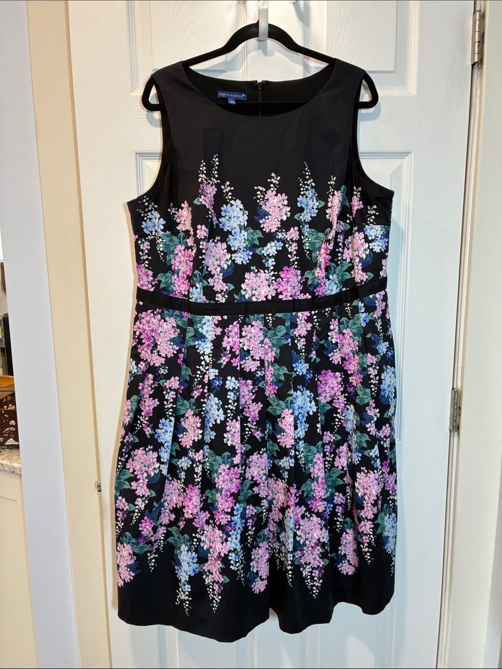 Talbots Black Floral Midi Dress with Pink and Blue Blossoms